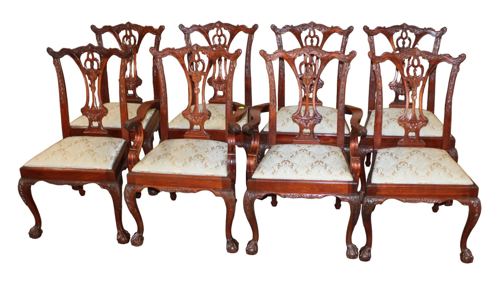 Set 8 mahogany chippendale style dining chairs: Set of 8 solid mahogany chippendale style dining room chairs, structurally sound and in good condition for age, slight staining on upholstery, some rub marks. 2 arm chairs 40"h x 26"w x 20"d, 6 side c