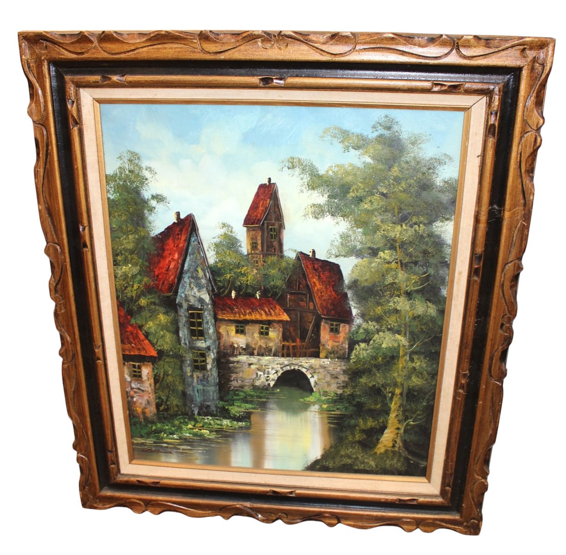 Mid century signed Gustav Brauner oil on canvas in original period frame: Gustav Brauner Mid century signed Vraune oil on canvas in original period frame in good condition. 32"h x 28"w