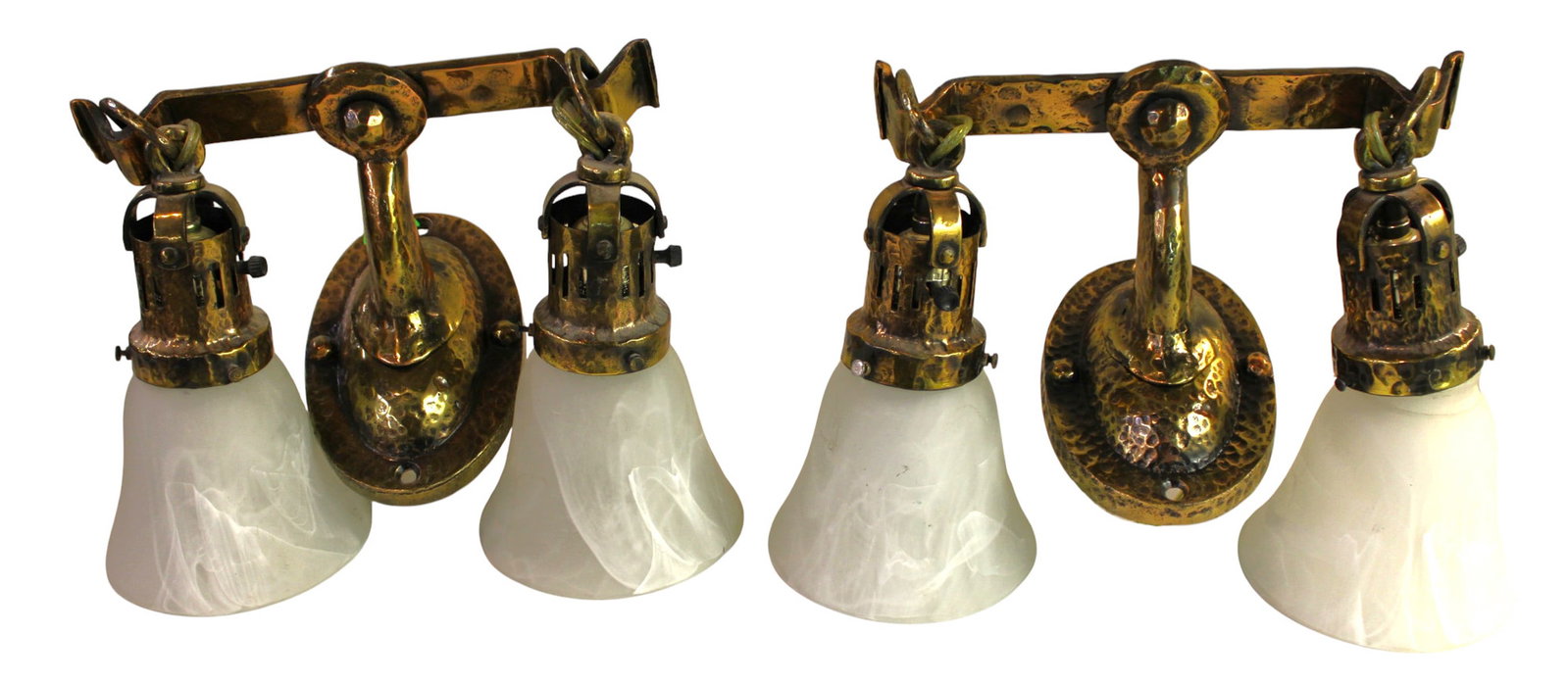 Pairarts & crafts double light wall sconces, semi antique: Nice pair of semi antique arts and crafts double light wall sconces in hammered metal with brass finish with shades, structurally sound and in good condition. 12"h x 12"w ea.,