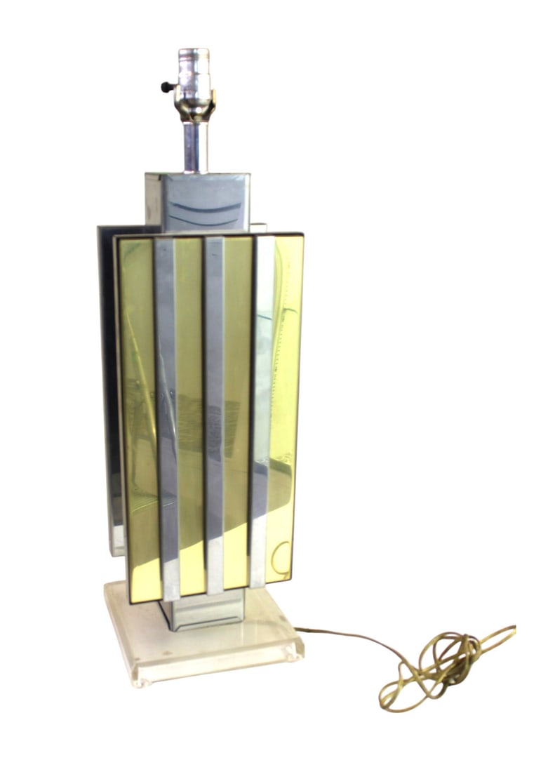 MCM brass and chrome table lamp with lucite base: Mid century modern brass and chrome table lamp with lucite base, needs cleaned, structurally sound, no shade. 26"h x 8"w x 8"d