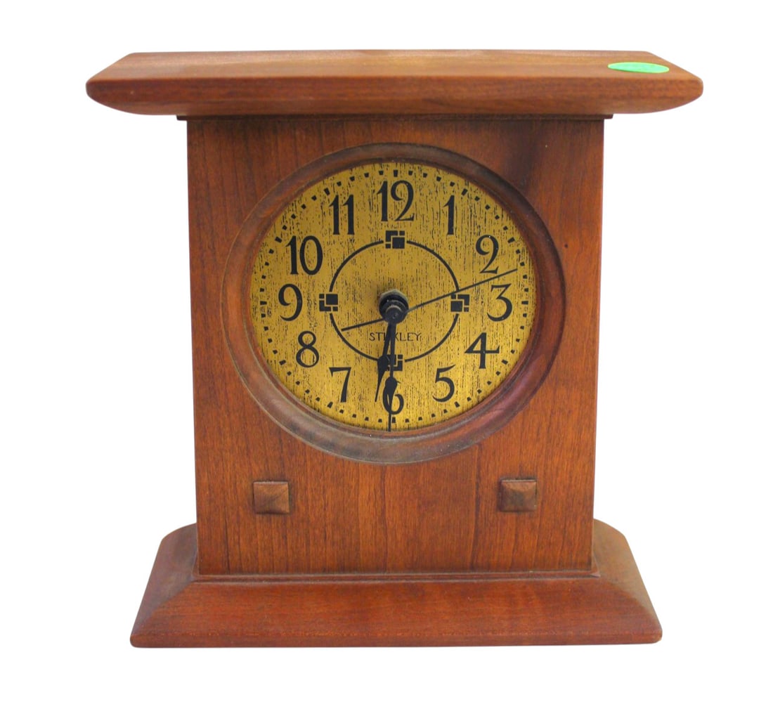 Stickley mission style clock #703 dated, solid cherry: Stickley solid cherry mission style clock #703 dated, quartz movement, structurally sound, good condition, original finish. 8.5"h x 8"w x 3"d