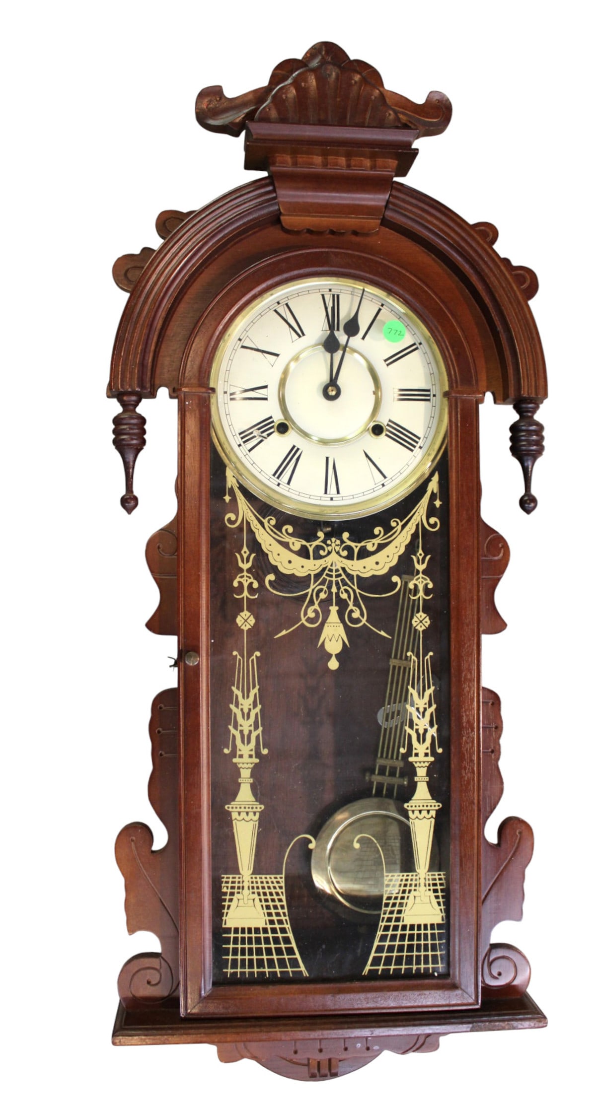 Nice mahogany case wall clock with stencil glass, key & pendulum: Nice mahogany case wall clock with stencil glass, key and pendulum, structurally sound and in good condition for age, running unknown. 37"h x 15"w x 6"d