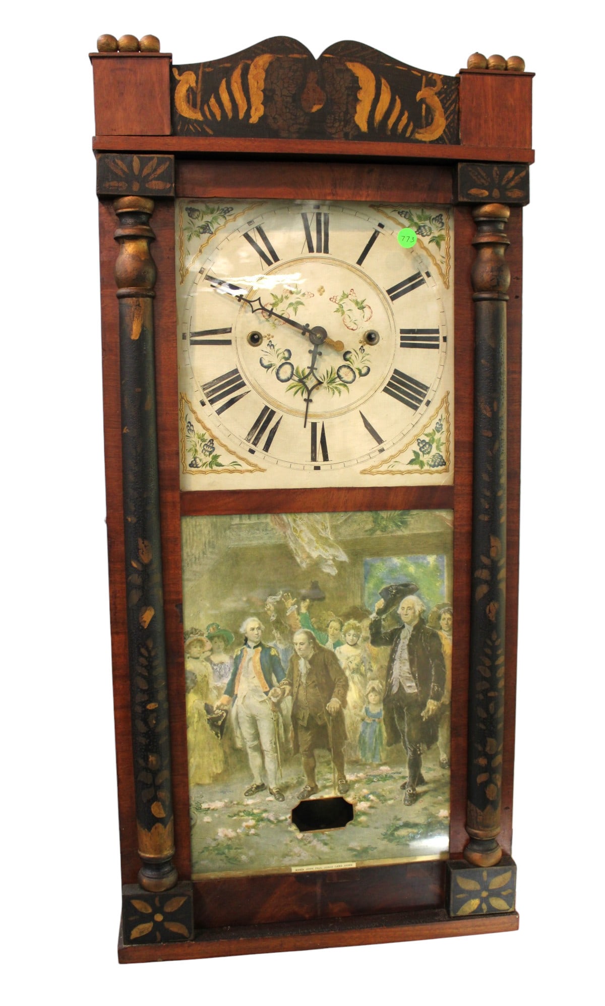 Antique empire pillar clock, reverse painted George Washington: Antique empire pillar clock, reverse painted George Washington, original finish, weights, pendulum and keys ca.1840's. 36"h x 17"w x 6"d