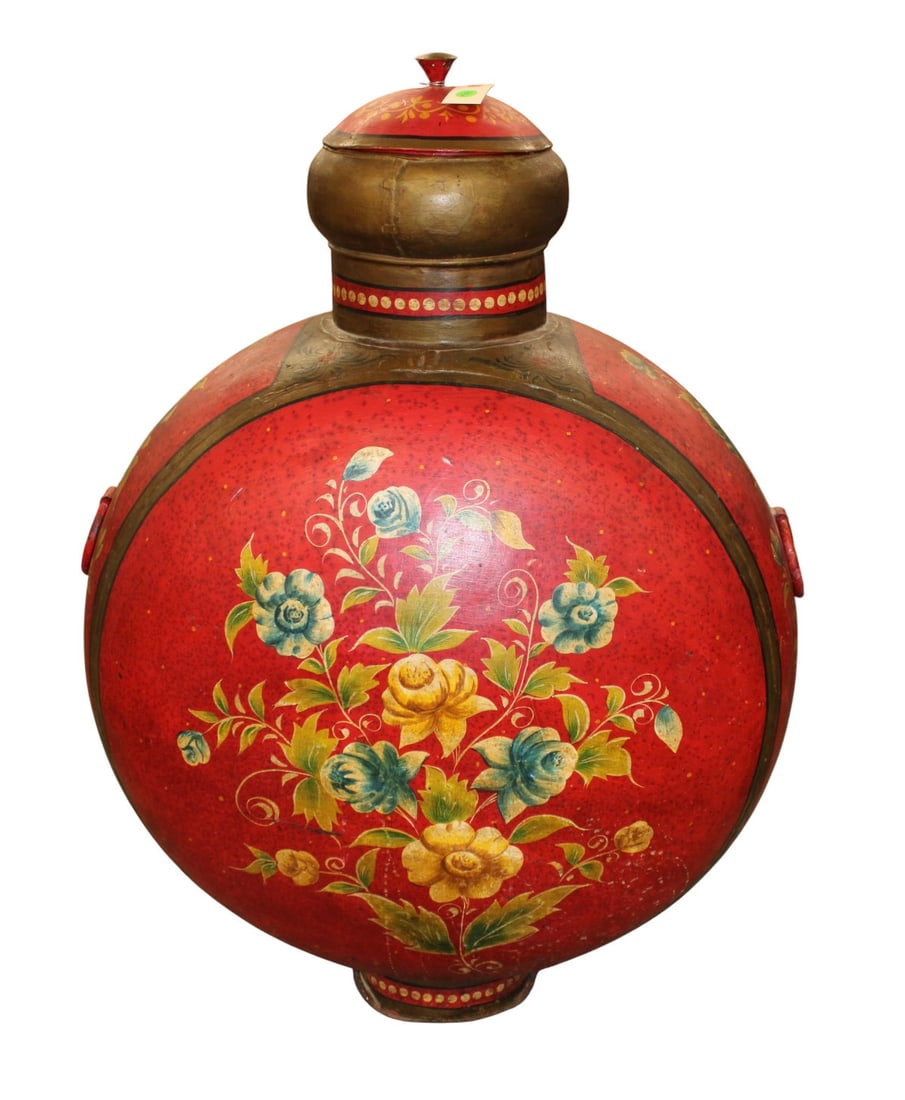 3' large lidded snuff bottle or canteen style decorator item: 3' large hand painted metal paint decorated lidded snuff bottle or canteen style decorator item with handles, structurally sound and in good condition. 39"h x 30"w x 18"d