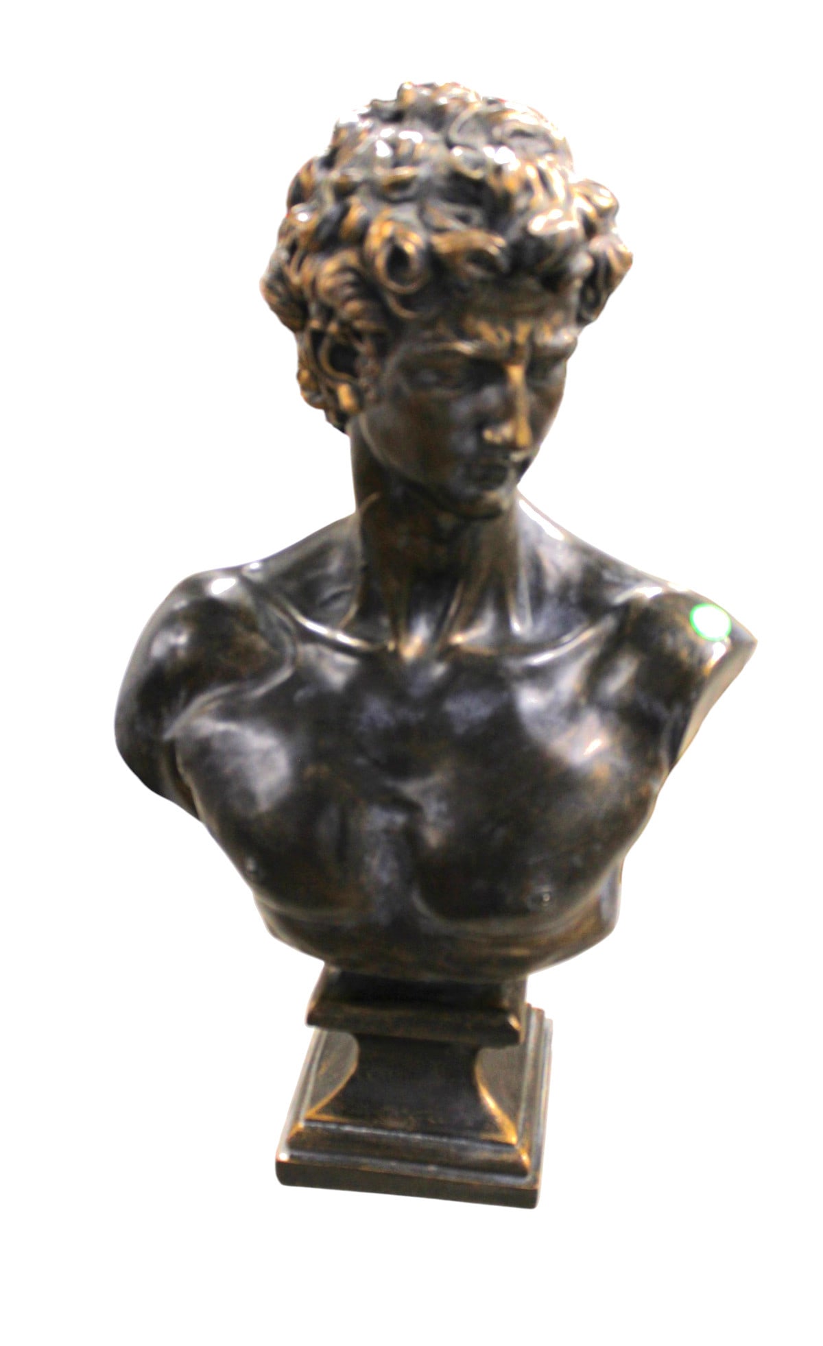 Roman composition bust 23"h: Roman composition bust, painted in bronze style finish, structurally sound and in good condition. 23"h x 14"w x 7"d
