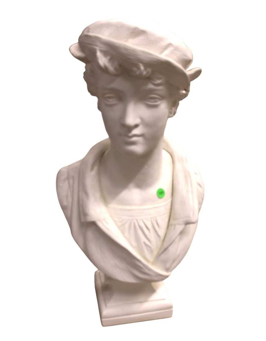 German bisque bust (man) 24"h: German bisque bust (man) in natural finish in the manner of marble, structurally sound and in good condition. 24"h x 12"w x 8"d