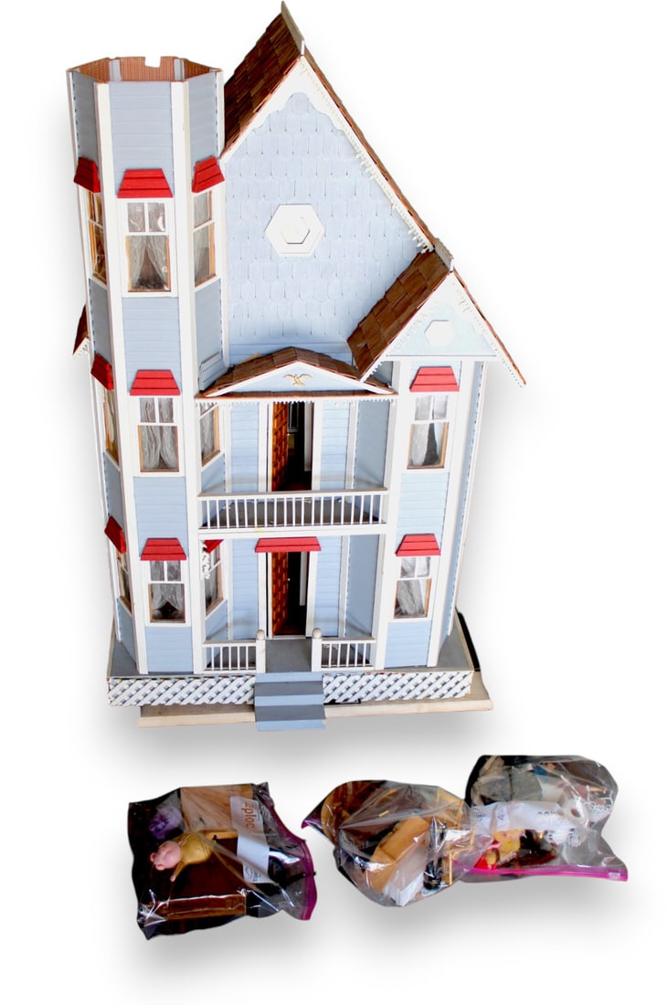 Child's Victorian style doll house with furniture: Child's Victorian style doll house with miniature furniture missing roof to widows peak. 36"h x 24"w x 21"d