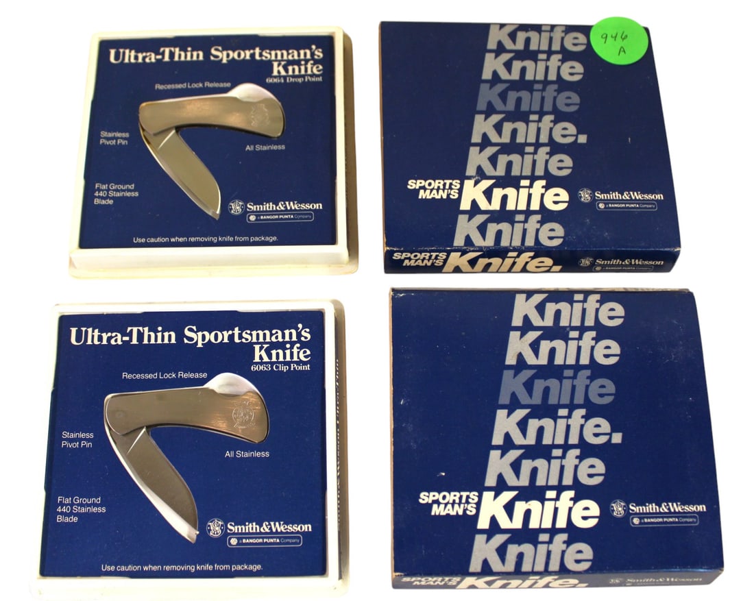2 Vintage S&W ultra thin sportsman drop point knives 6064 & 6063: 2 Vintage Smith and Wesson ultra thin sportsman drop point knives 6064 & 6063
