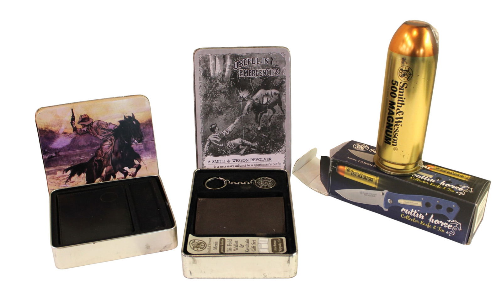 New S&W 3pcs: 2 wallet gift sets & 500 magnum knife: New Smith and Wesson 3pc lot, 2 wallet gift sets, 1 500 magnum knife, in collector tins and boxes