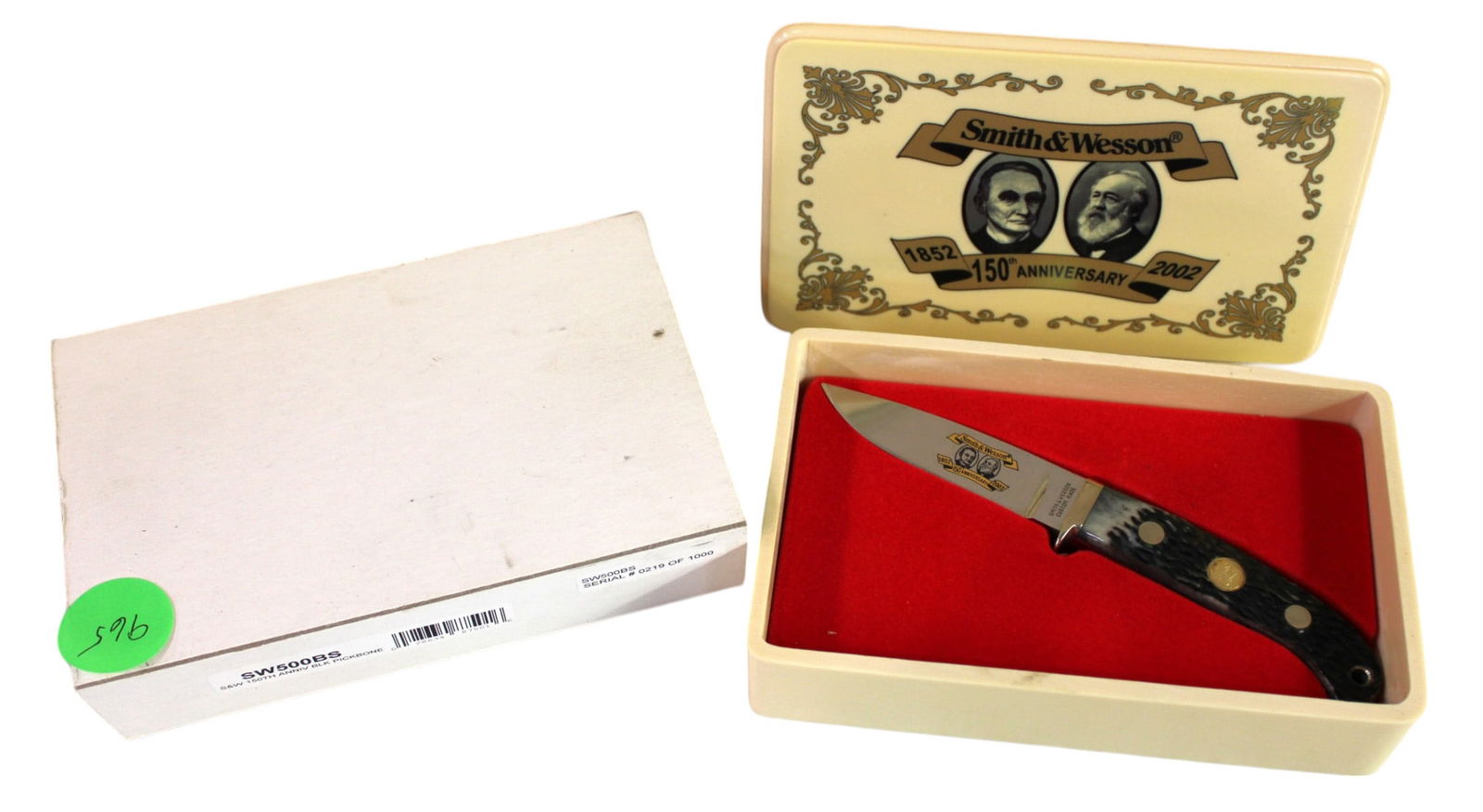 New S&W 150th Anniv. Knife black pick bone 219/1000 gift set: New Smith and Wesson 150th Anniversary Knife black pick bone in collector box gift set, Limited Edition 219/1000