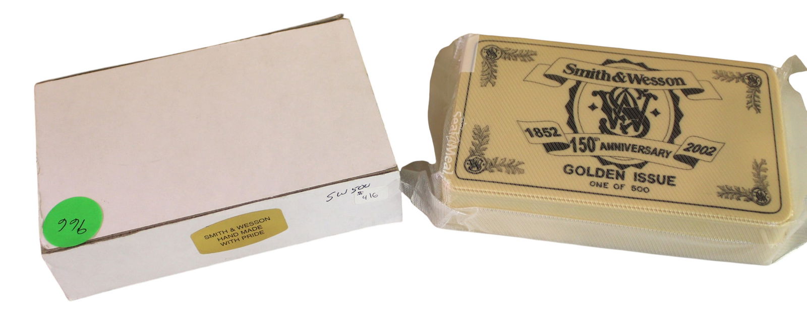 New S&W 150th Anniv. Golden Issue 1/500 gift box with sleeve: New Smith and Wesson 150th Anniversary Golden Issue, Limited Edition 1/500 factory sealed in plastic gift box with sleeve