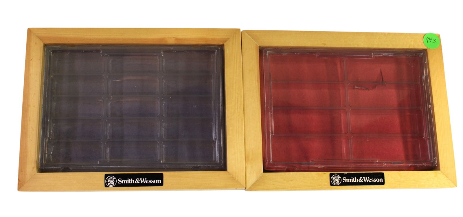 2 S&W display cases in wooden frames, 11"h x 14.5"w x 2"d each: 2 Smith and Wesson display cases in wooden frames, 11"h x 14.5"w x 2"d each