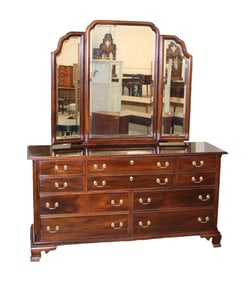 Stickley sold mahogany 10 drawer low chest with hidden compartment in base & tri-fold mirror