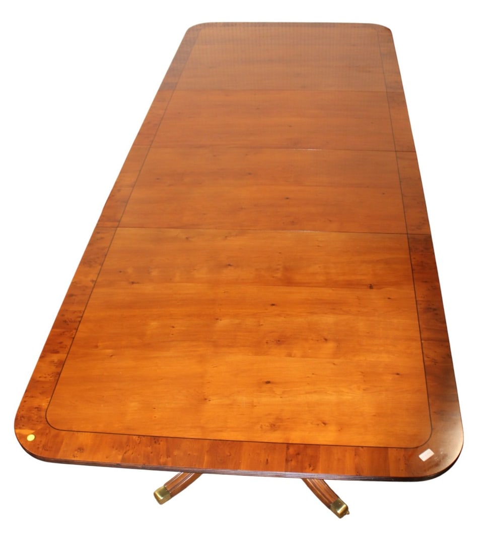 EJ Victor burl yew wood banded dining table with double pedestal legs (1 of 11)