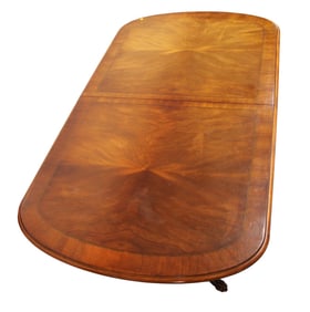American Drew mohagany banded room table with double pedestals
