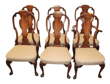 Set 6 burl mahogany high back QA style dining chairs