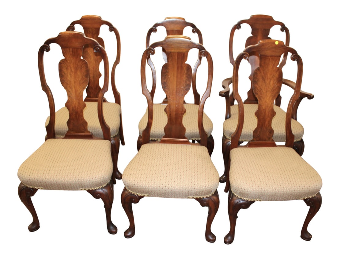 Set 6 burl mahogany high back QA style dining chairs (1 of 7)