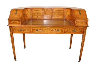 Antique adams paint decorated satinwood leather top desk