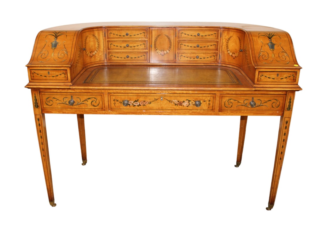 Antique adams paint decorated satinwood leather top desk (1 of 12)