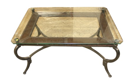 Quality beveled glass top coffee table with tooled leather