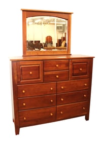 Country shaker style solid cherry 10 drawer dresser and beveled glass mirror, USA
