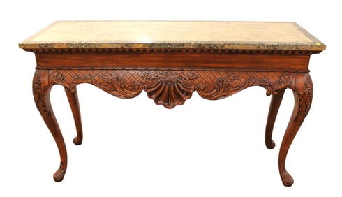 Highly carved and ornate marble top console table by Hammary