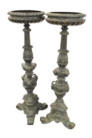 Elaborate pair bronze planter pedestals with rams and cherub attr.  Maitland Smith