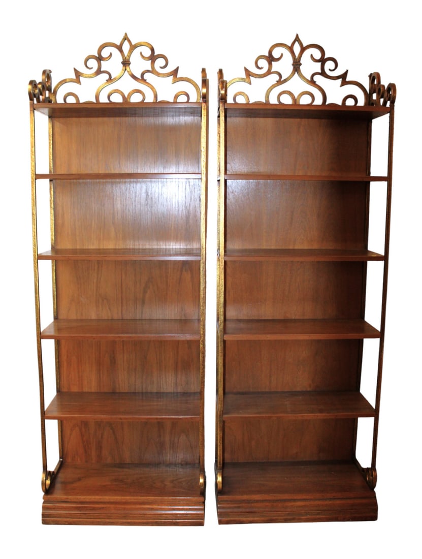 Mid century pair of vintage open front etageres: Mid century pair of vintage open front etageres in distressed metal frame with 6 fixed walnut finish shelves. Structurally sound and in good condition. Each 83"h x 27.5"w x 15"d shelf spacing 10" 12" 