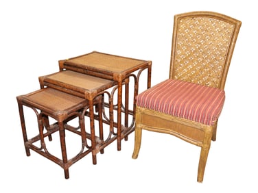 Vintage wicker and rattan chair and set of graduating nesting stack tables