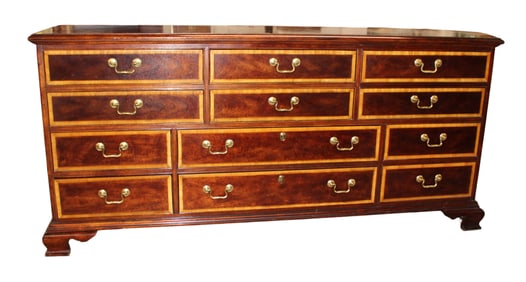 Quality burl mahogany and banded 12 drawer low chest