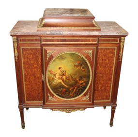 Beautiful antique french marble top and parquet side cabinet