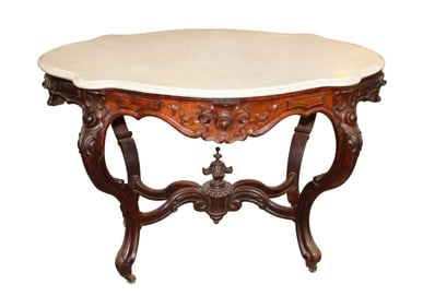 Antique highly carved rosewood turtle marble top parlor table