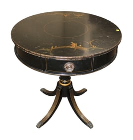 Vintage Asian inspired black lacquer drum table