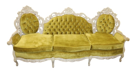 Clean vintage Italian carved upholstered button tuft sofa