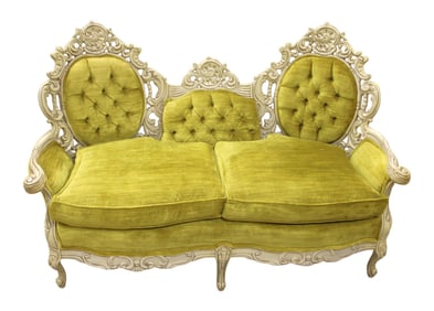 Clean vintage Italian carved upholstered button tuft sofa