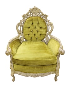 Clean vintage Italian carved upholstered button tuft chair