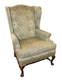 Queen anne high back mahogany framed upholstered arm chair