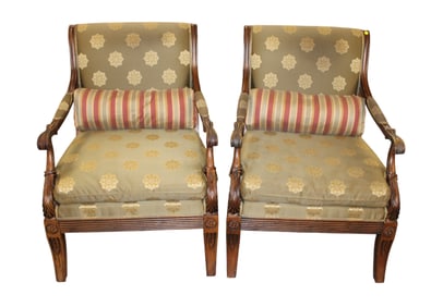 Pair Ethan Allen walnut carved upholstered arm chairs