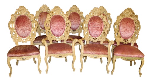 Set of 8 vintage Italian highly carved  pink dining chairs