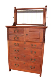 Antique solid mahogany bonnet top high chest with beveled mirror
