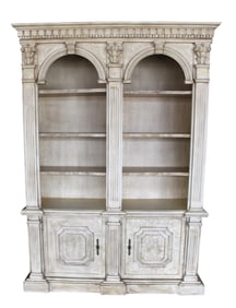 Antique distressed off white open front bookcase on 2 door base