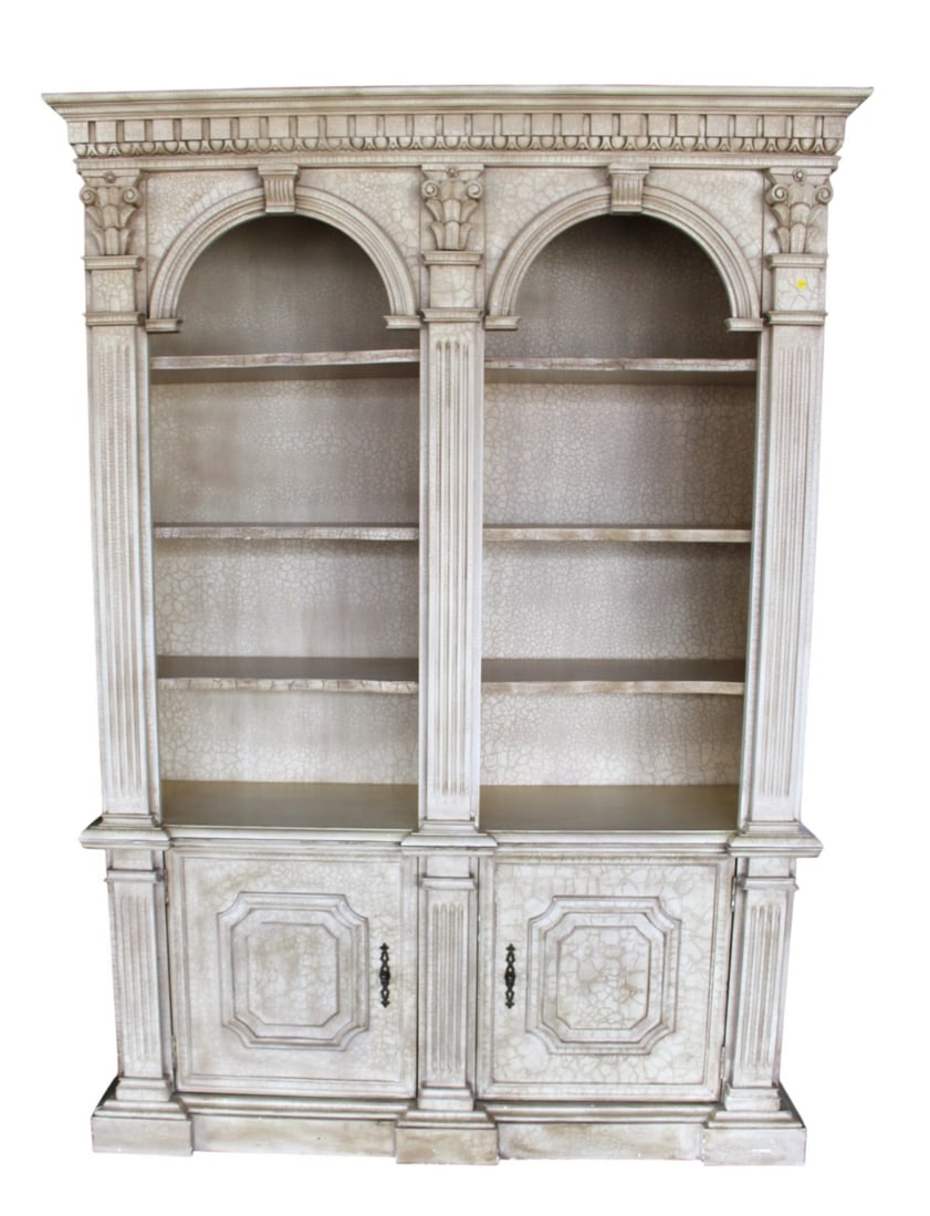 Antique distressed off white open front bookcase on 2 door base (1 of 7)
