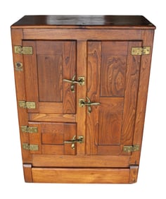 Antique oak ice box with zinc lined interior