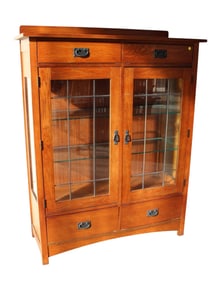 Mission oak style Bassett leaded glass drawer display cabinet