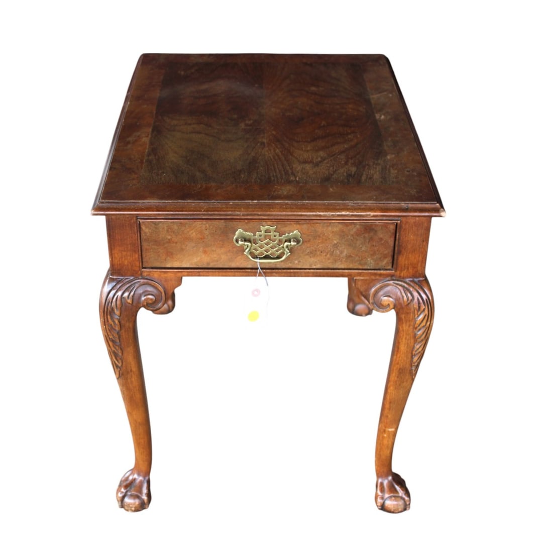 Vintage Baker ball & claw accent table in burl walnut and banded: Vintage Baker Furniture ball & claw 1 drawer accent table in burl walnut and banded. Structurally sound but does have some finish loss, see photos. 24"h x 20"w x 26"d