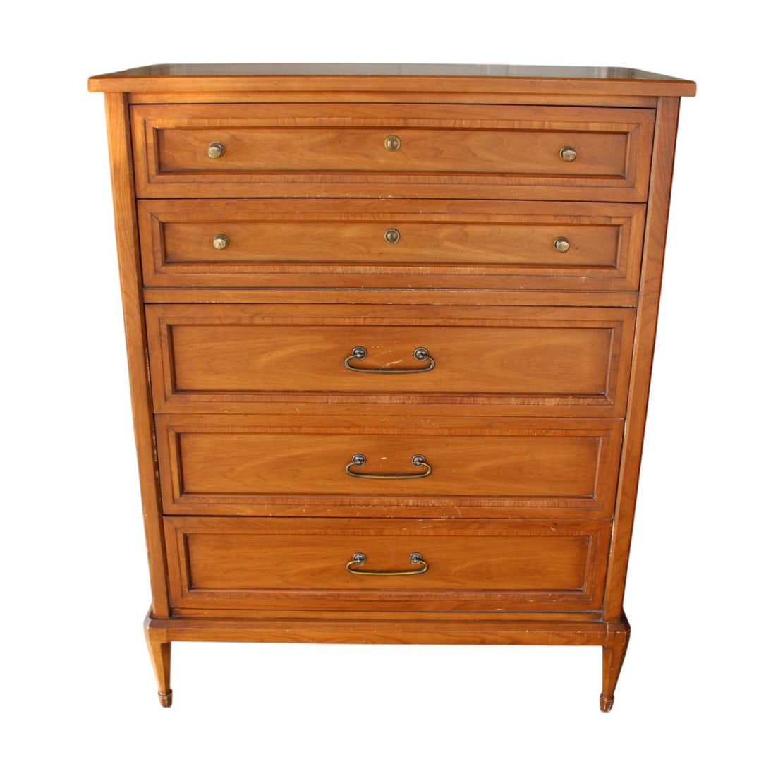 Vintage mid century White Furn. cherry 5 drawer high chest (1 of 7)