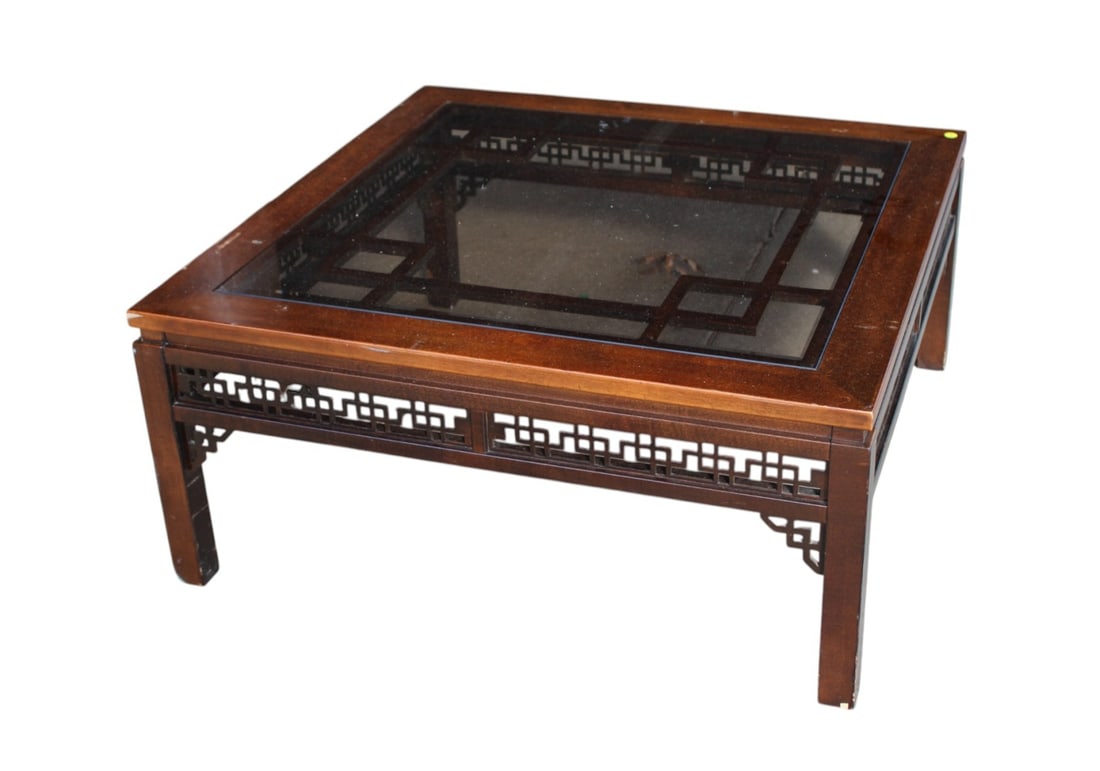 Chinese chippendale glass top and mahogany coffee table (1 of 3)