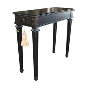 Console table in a black finish, stenciling and 2 drawers