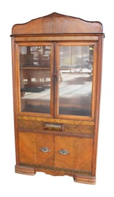 Antique depression 2 door walnut two tone china cabinet