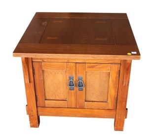 Mission oak style 2 door table with bow tie accents